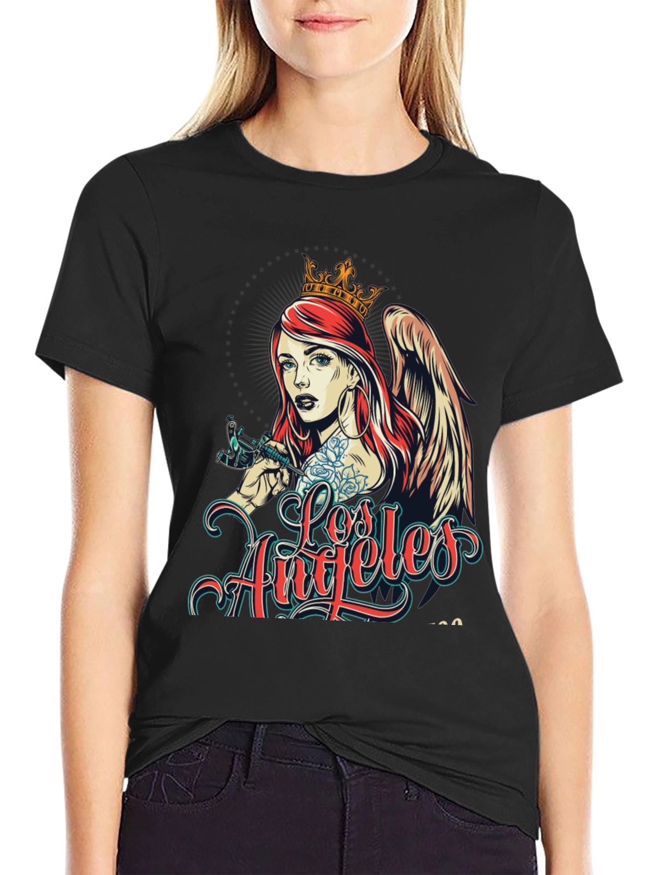 Los Angeles Tattoo Angel Graphic Black T-Shirt