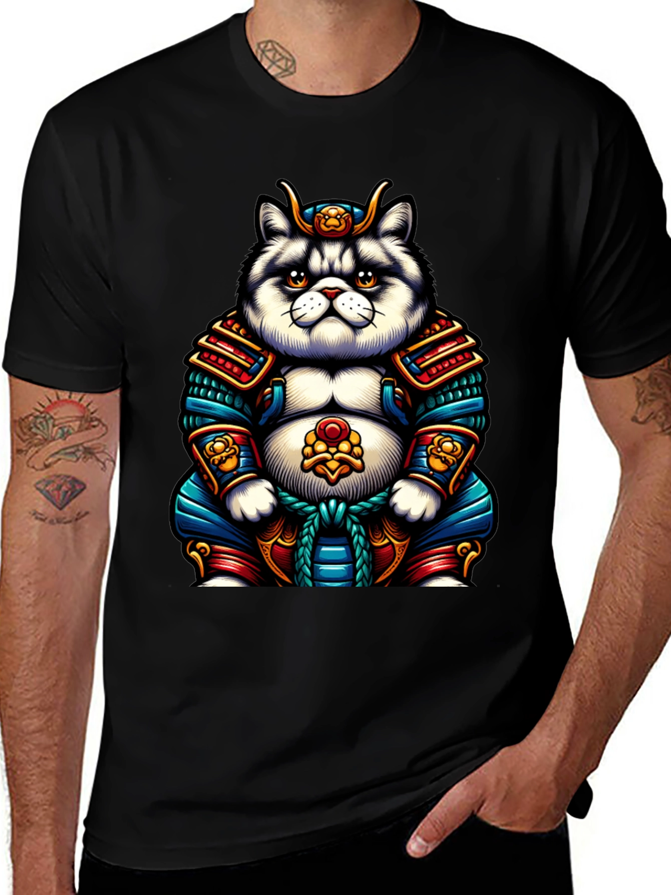 Samurai Cat Graphic T-Shirt - Cool Anime Tee