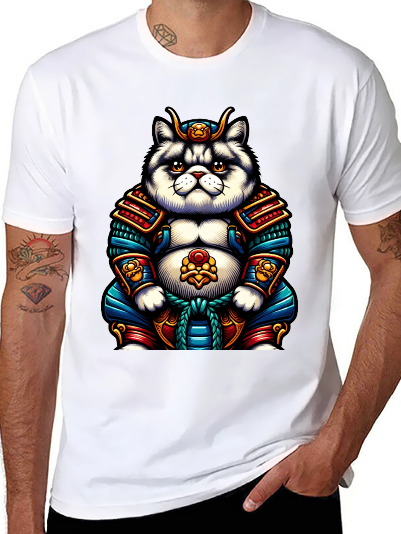 Samurai Cat Graphic T-Shirt - Cool Anime Tee