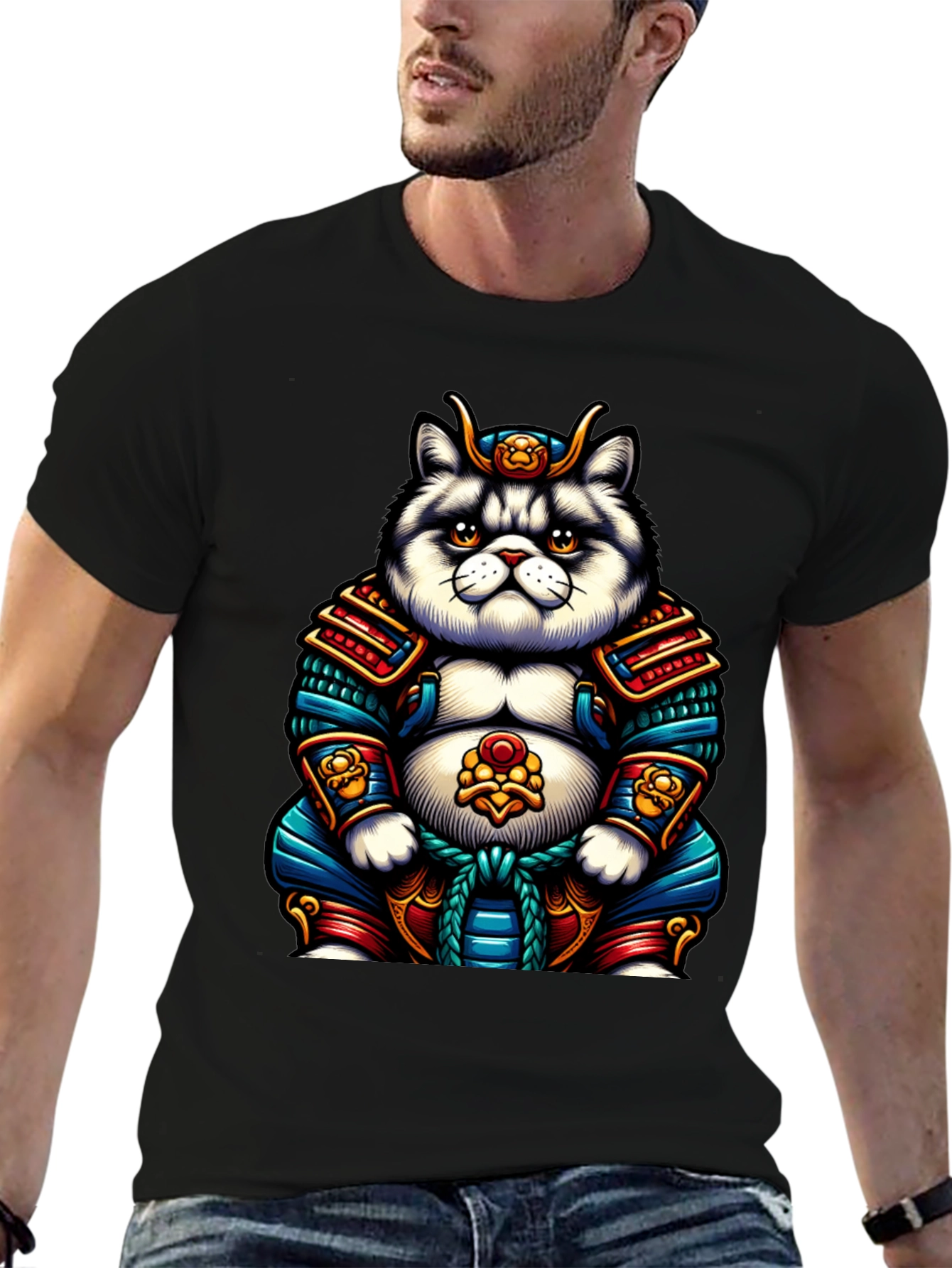 Samurai Cat Graphic T-Shirt - Cool Anime Tee