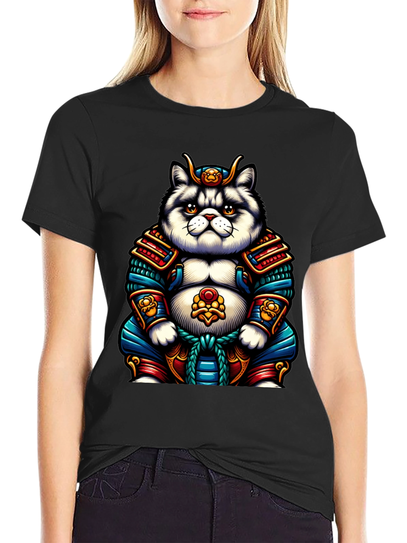 Samurai Cat Graphic T-Shirt - Cool Anime Tee