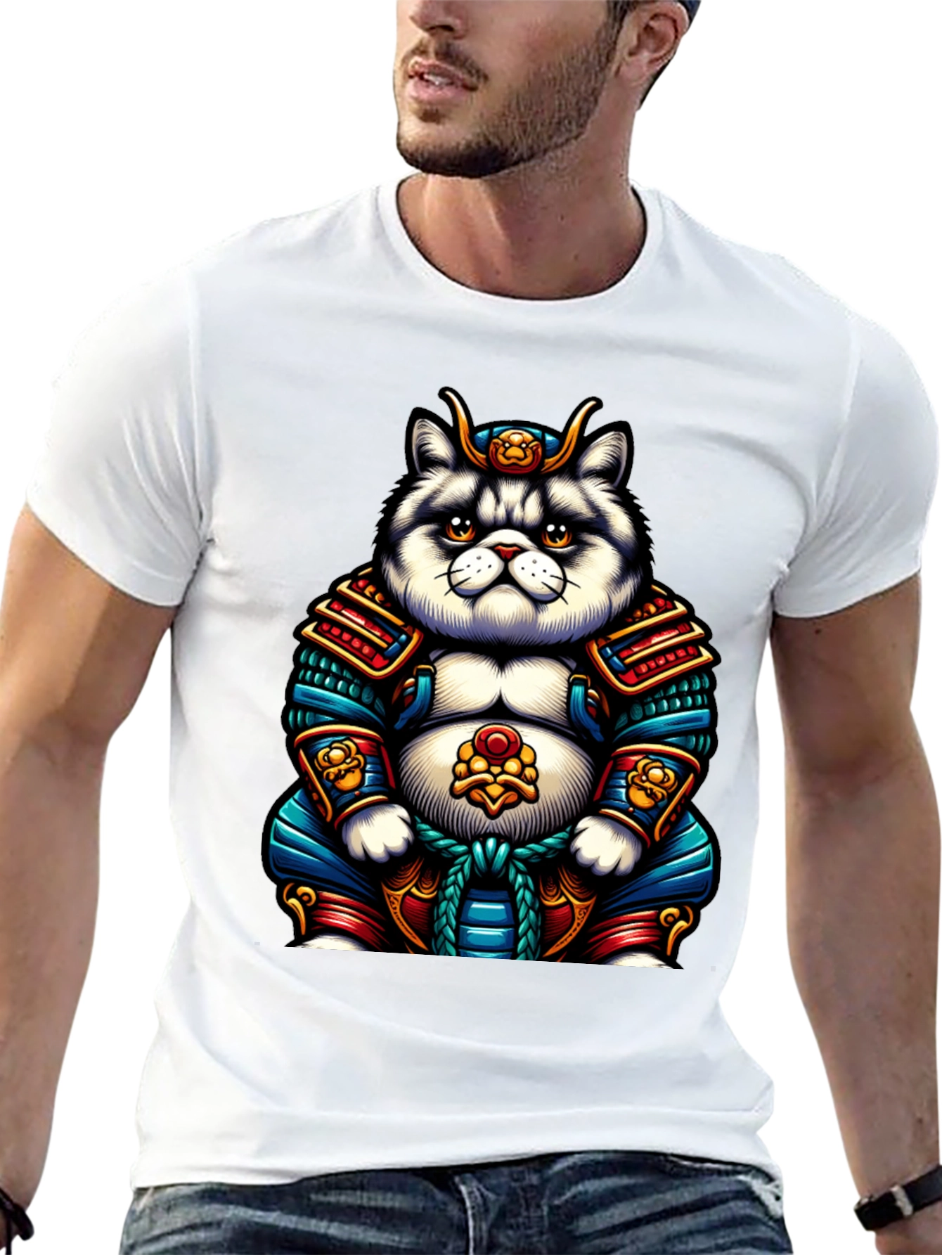Samurai Cat Graphic T-Shirt - Cool Anime Tee