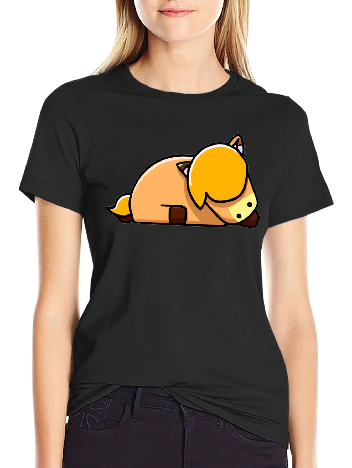 Cute Cartoon Horse Laying Down Black T-Shirt