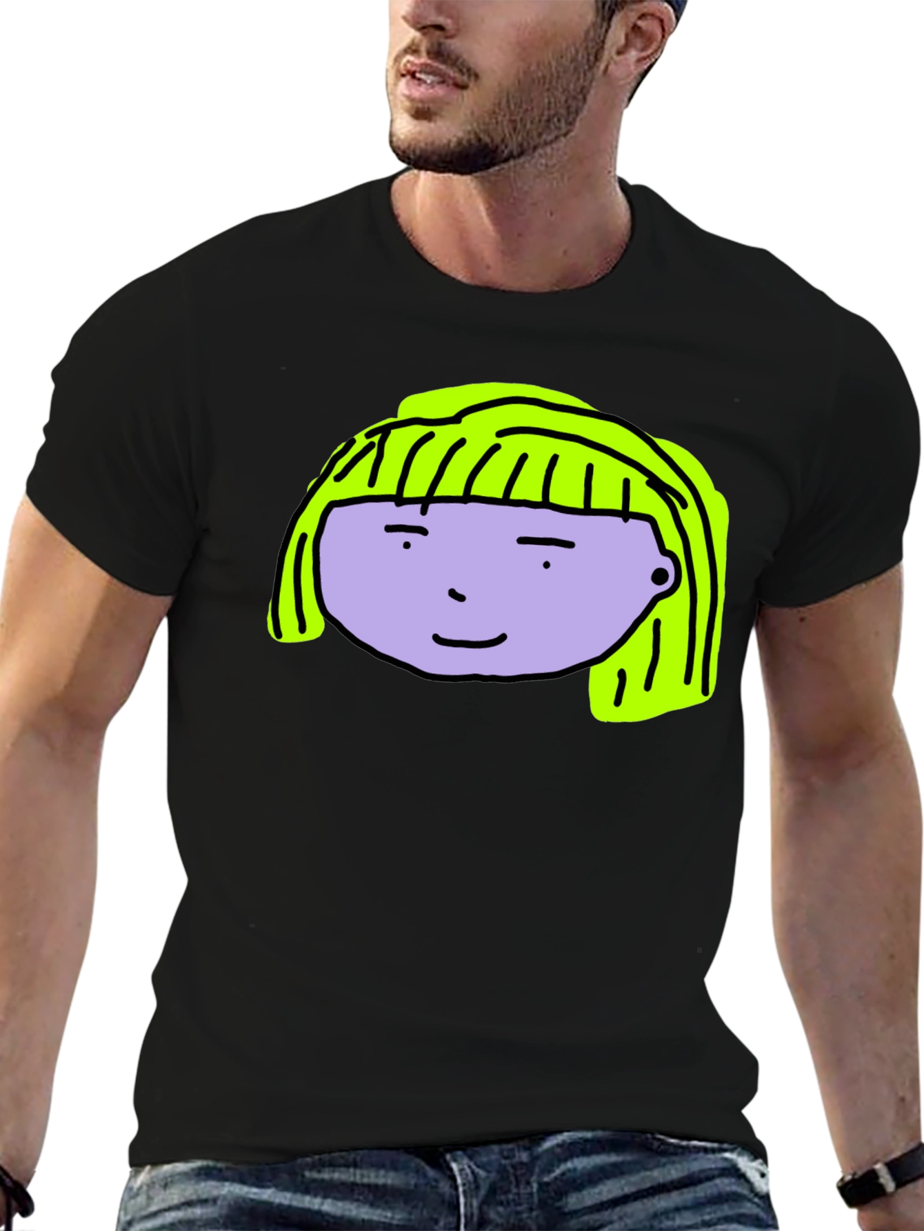 Cartoon Face Graphic Tee - Black Cotton