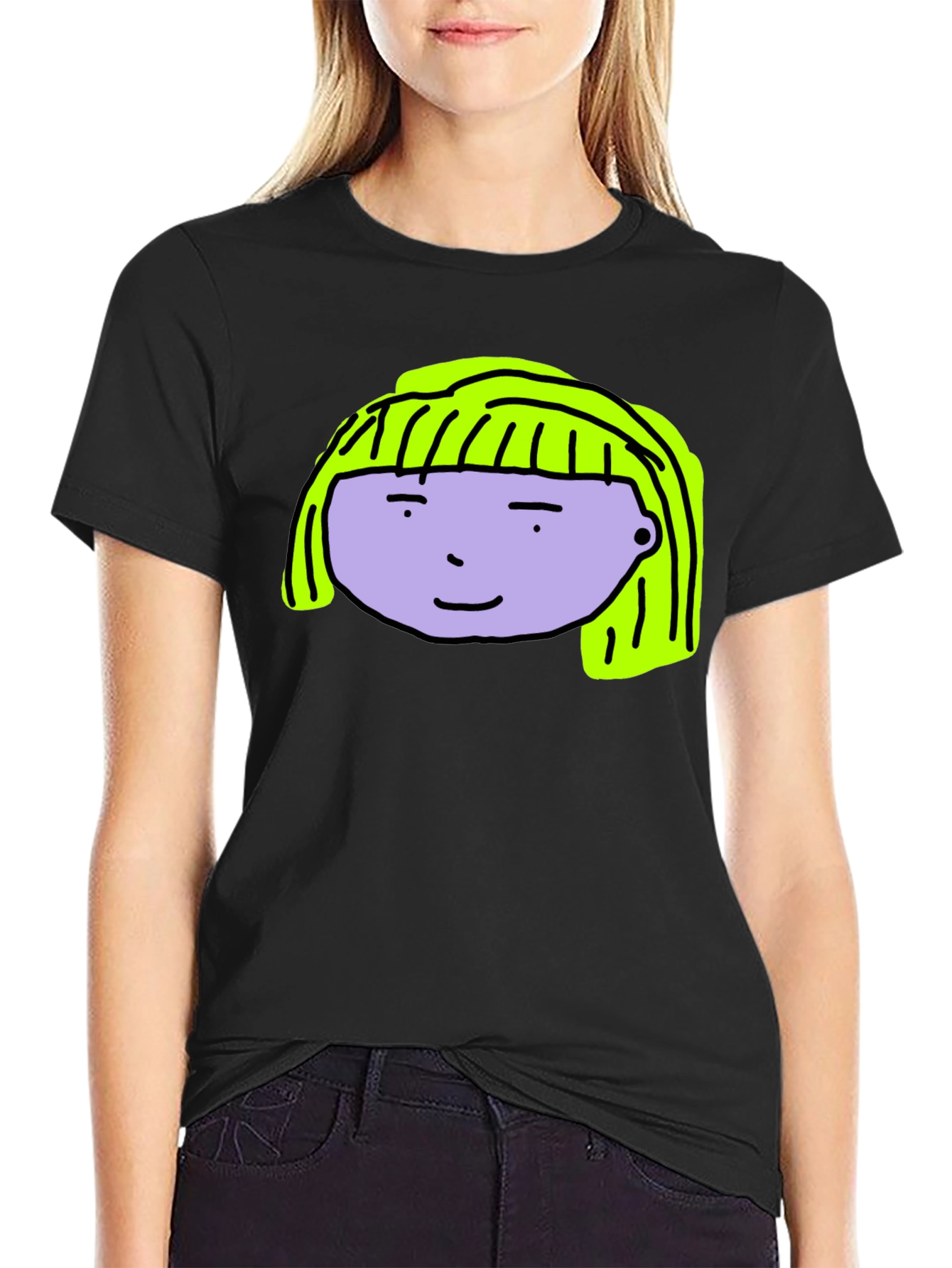 Cartoon Face Graphic Tee - Black Cotton