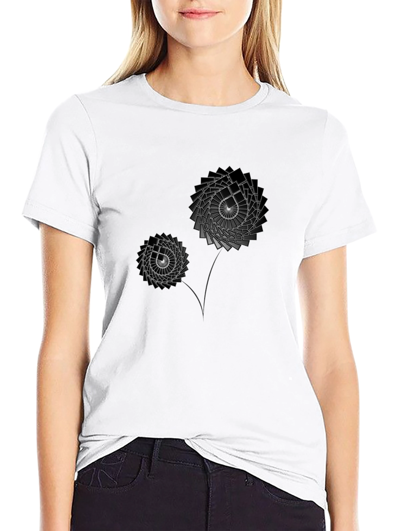 Geometric Flower Graphic Print Black T-Shirt
