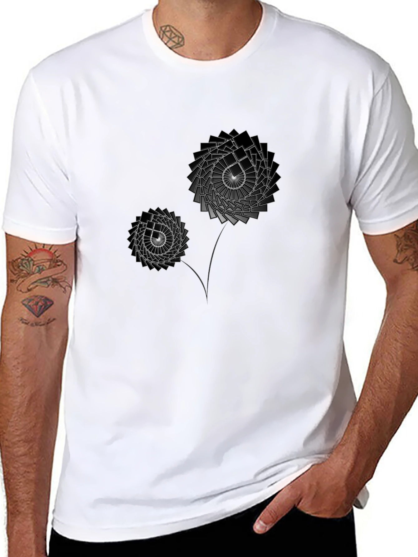 Geometric Flower Graphic Print Black T-Shirt