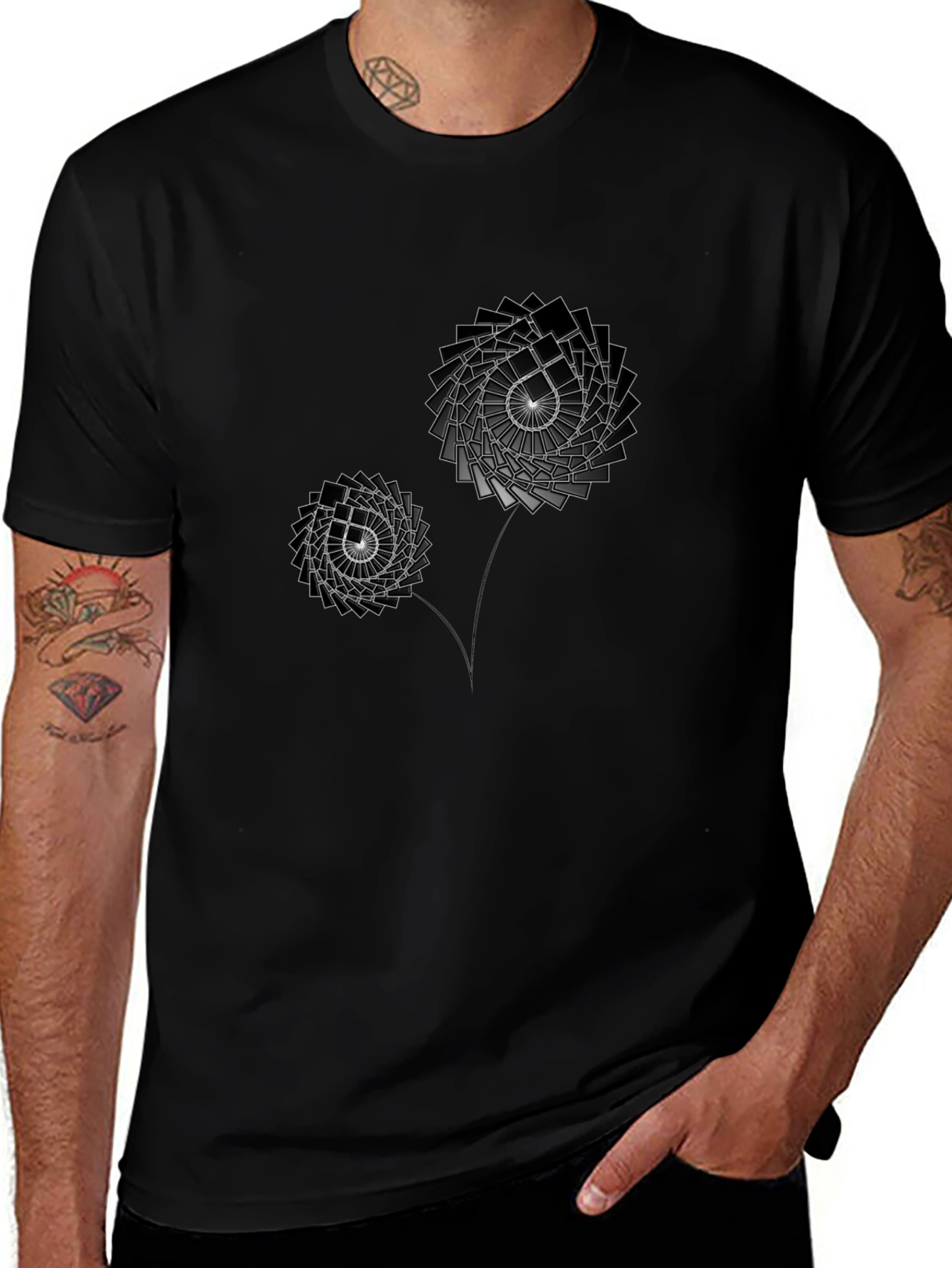Geometric Flower Graphic Print Black T-Shirt