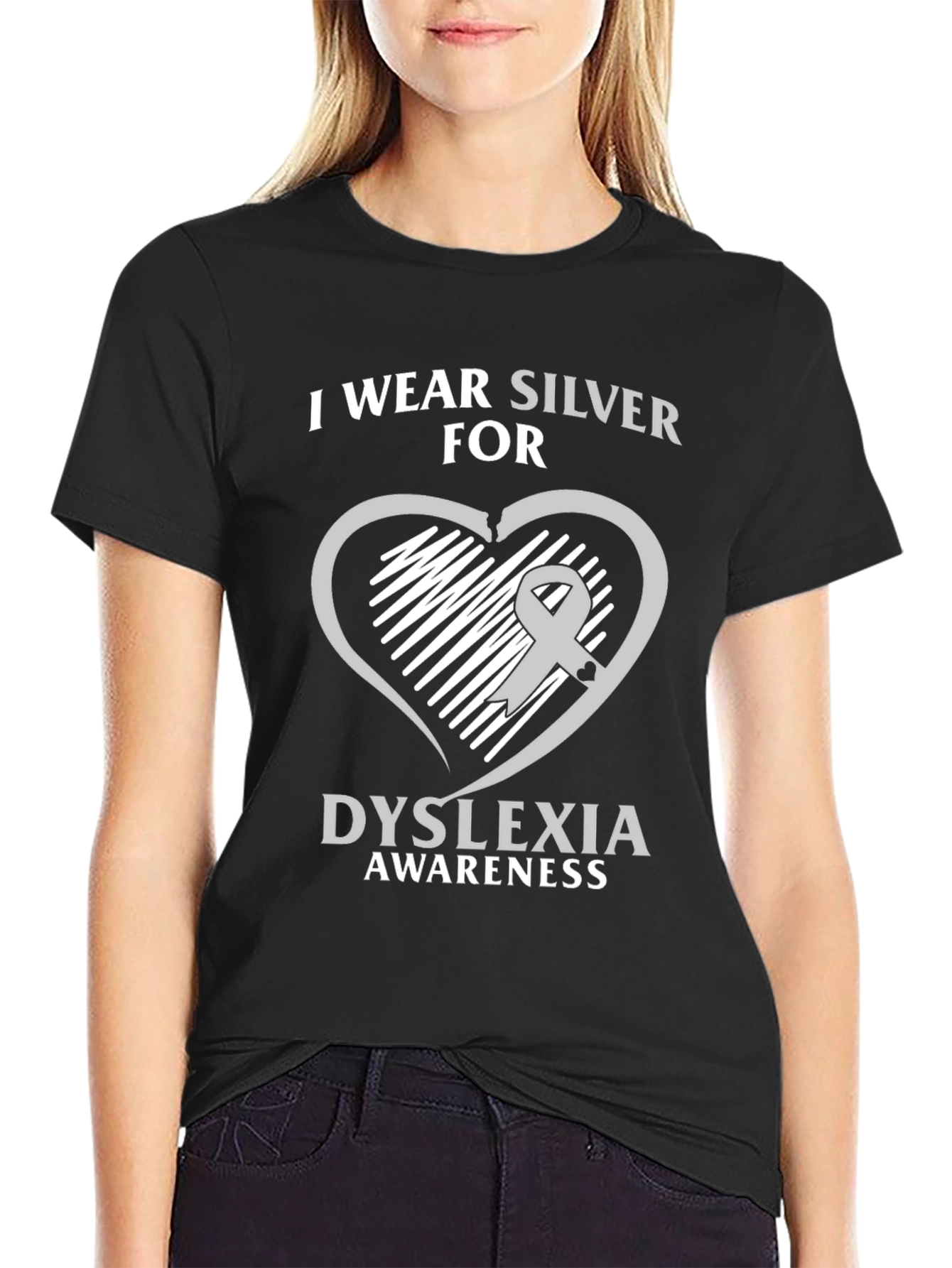 Dyslexia Awareness T-Shirt - Silver Ribbon Heart