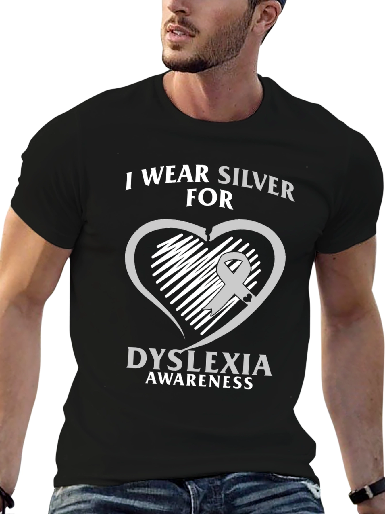 Dyslexia Awareness T-Shirt - Silver Ribbon Heart