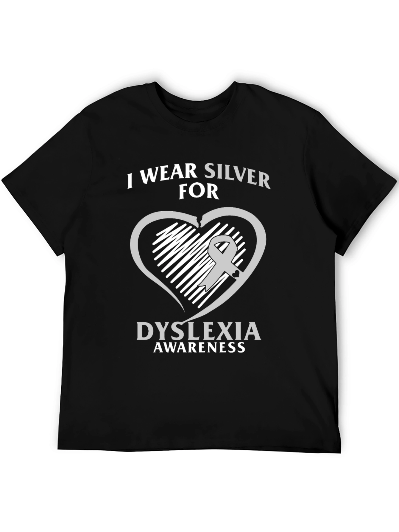 Dyslexia Awareness T-Shirt - Silver Ribbon Heart