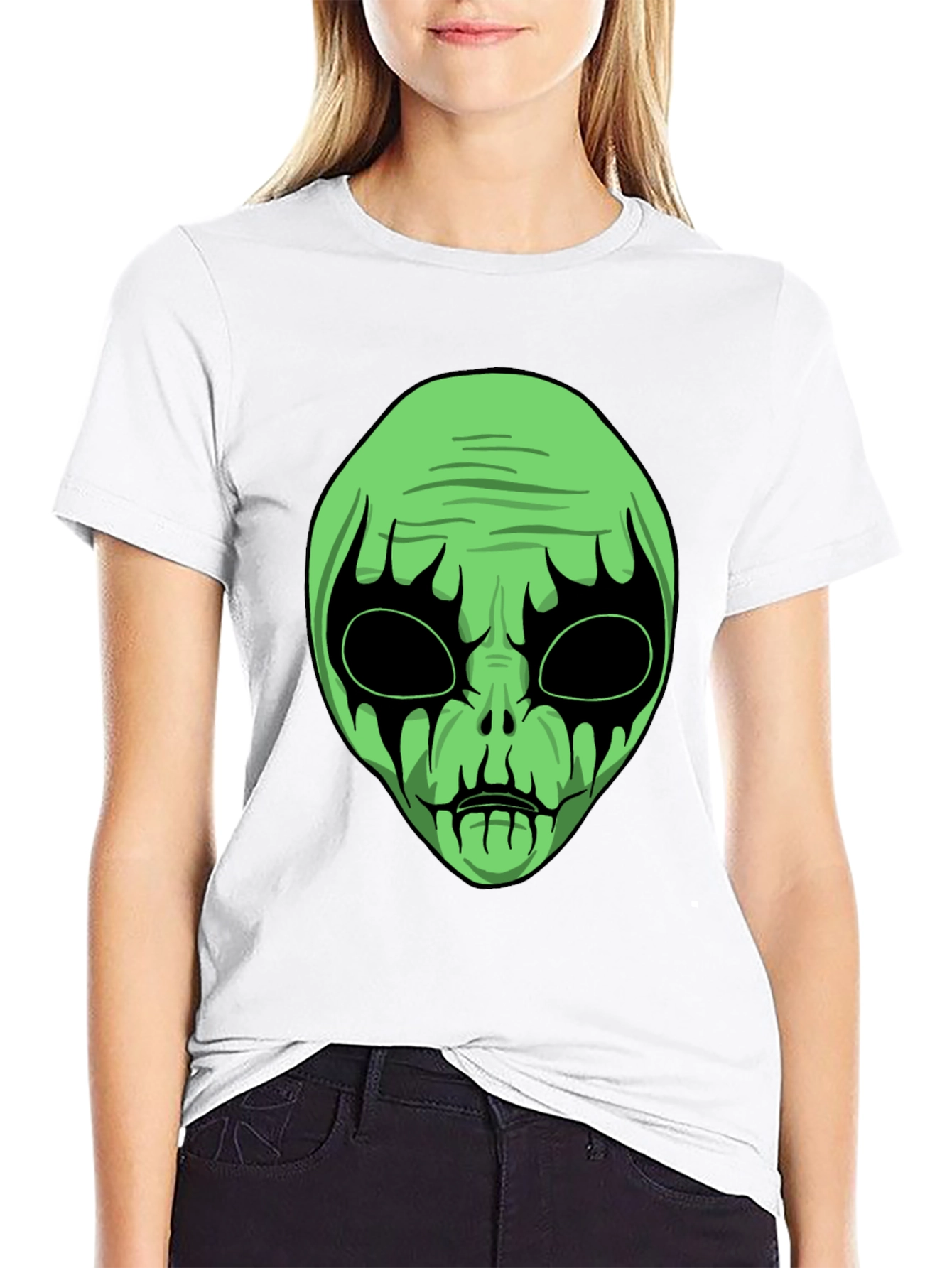 Green Alien Graphic Black T-Shirt