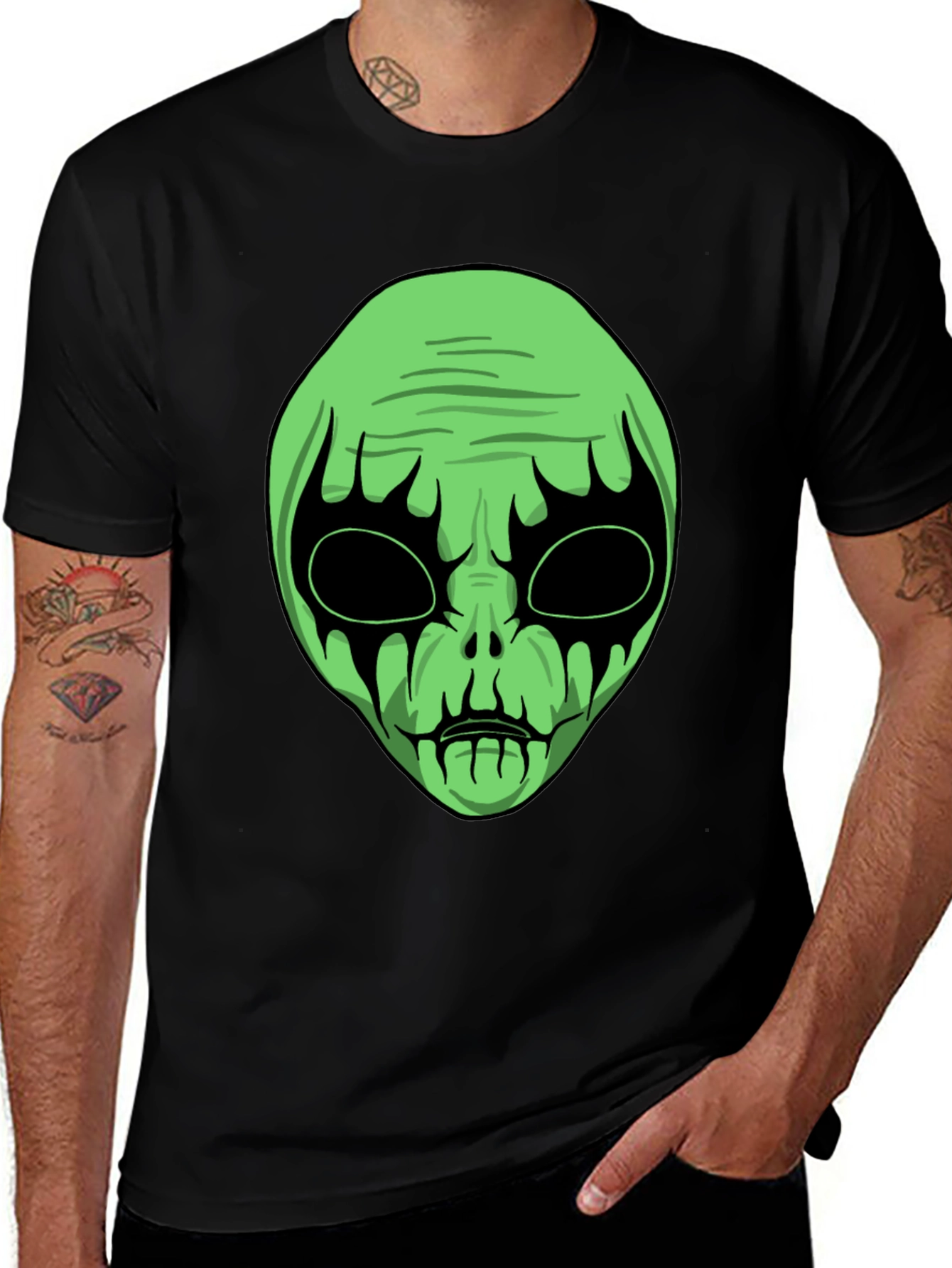 Green Alien Graphic Black T-Shirt