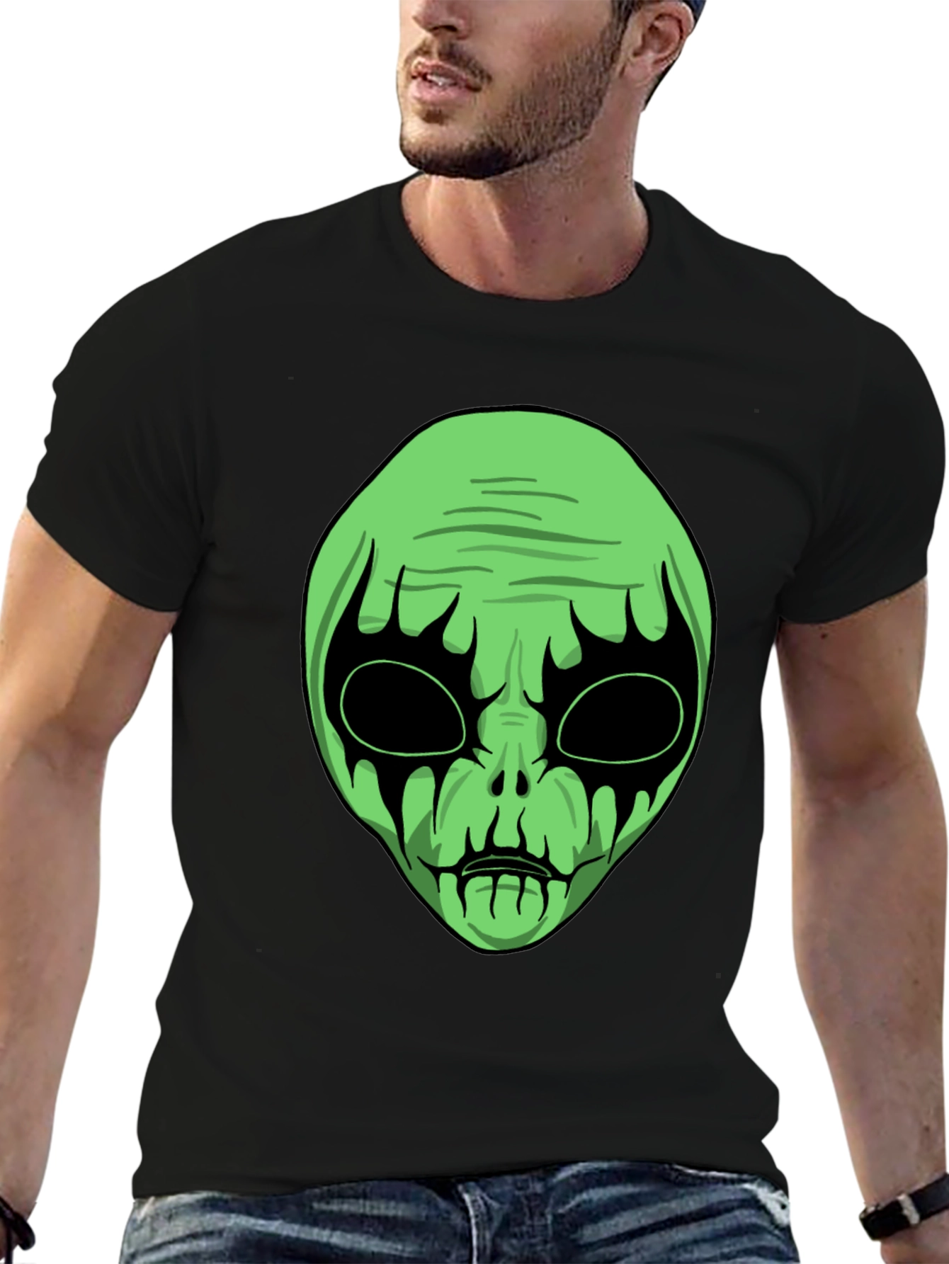 Green Alien Graphic Black T-Shirt