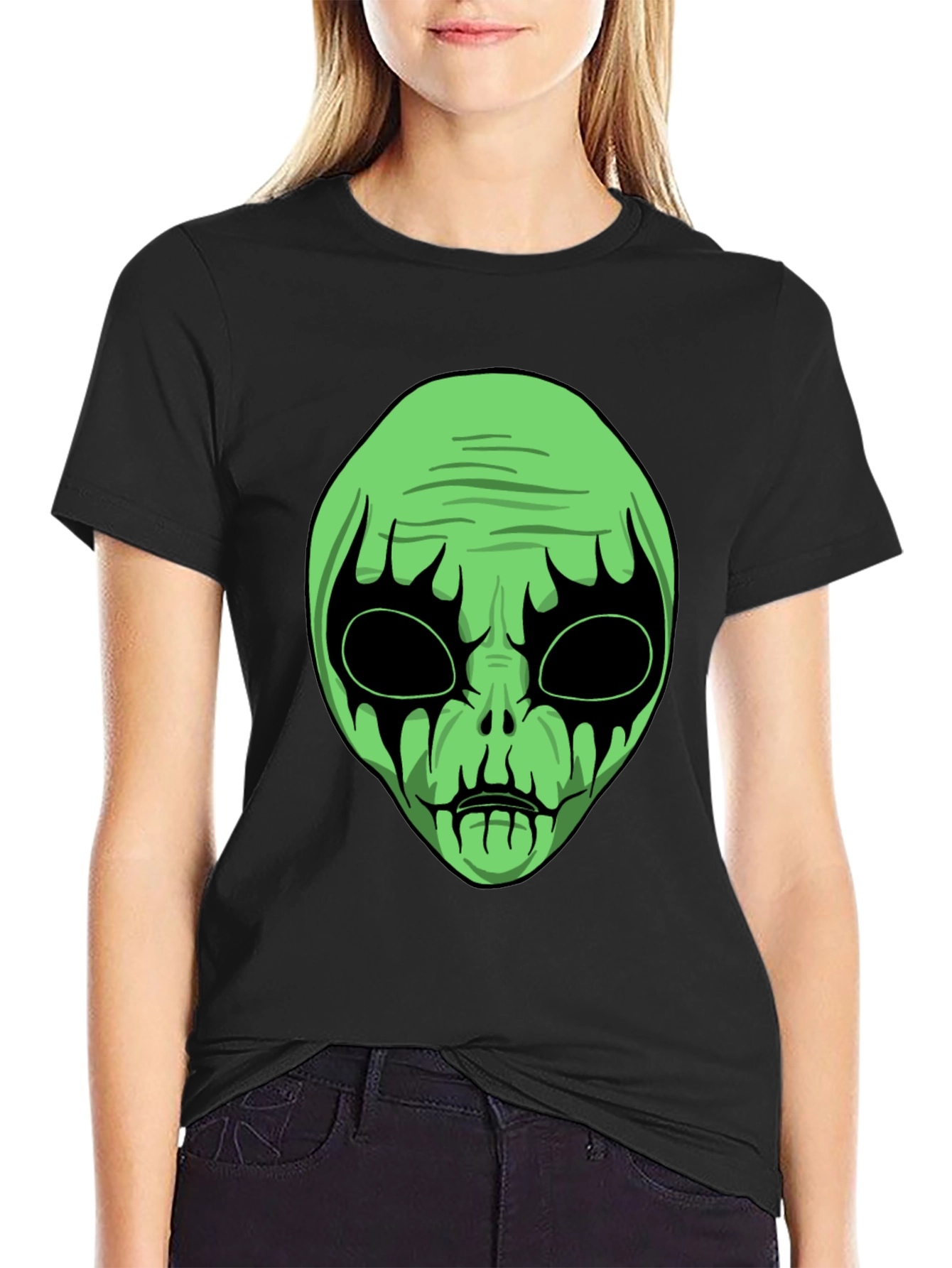 Green Alien Graphic Black T-Shirt