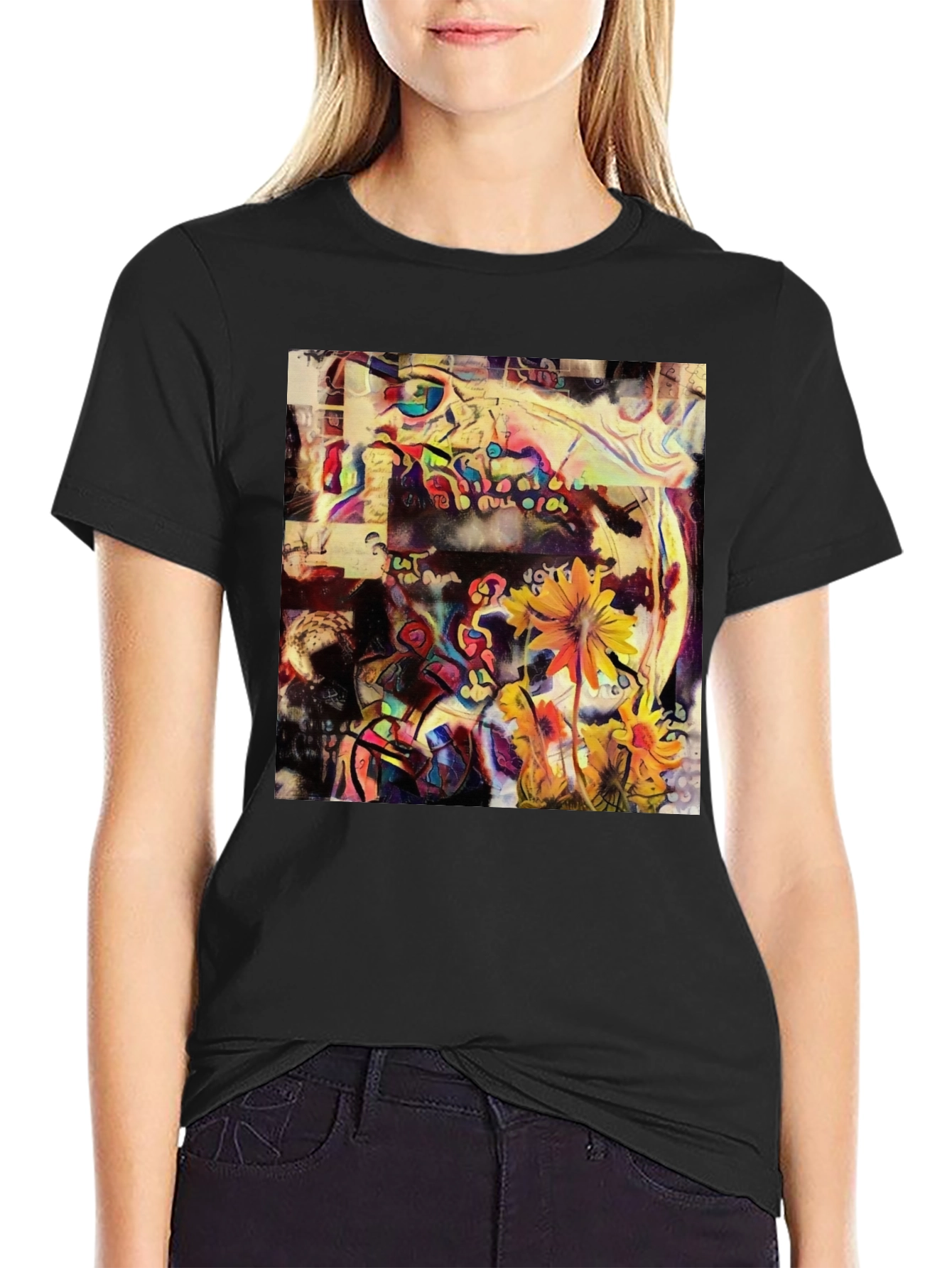 Abstract Floral Art Print Black T-Shirt