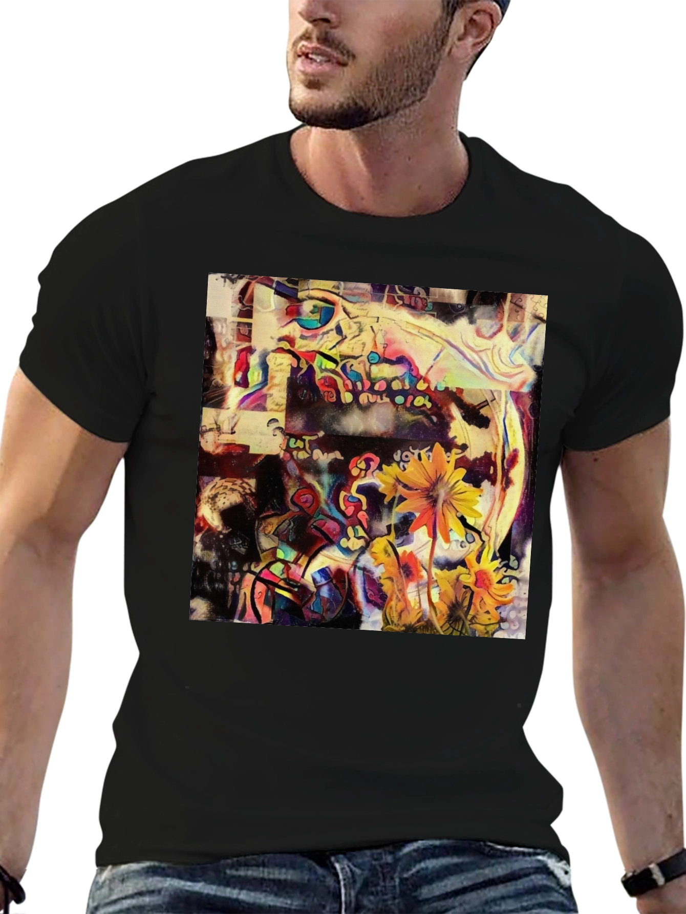 Abstract Floral Art Print Black T-Shirt