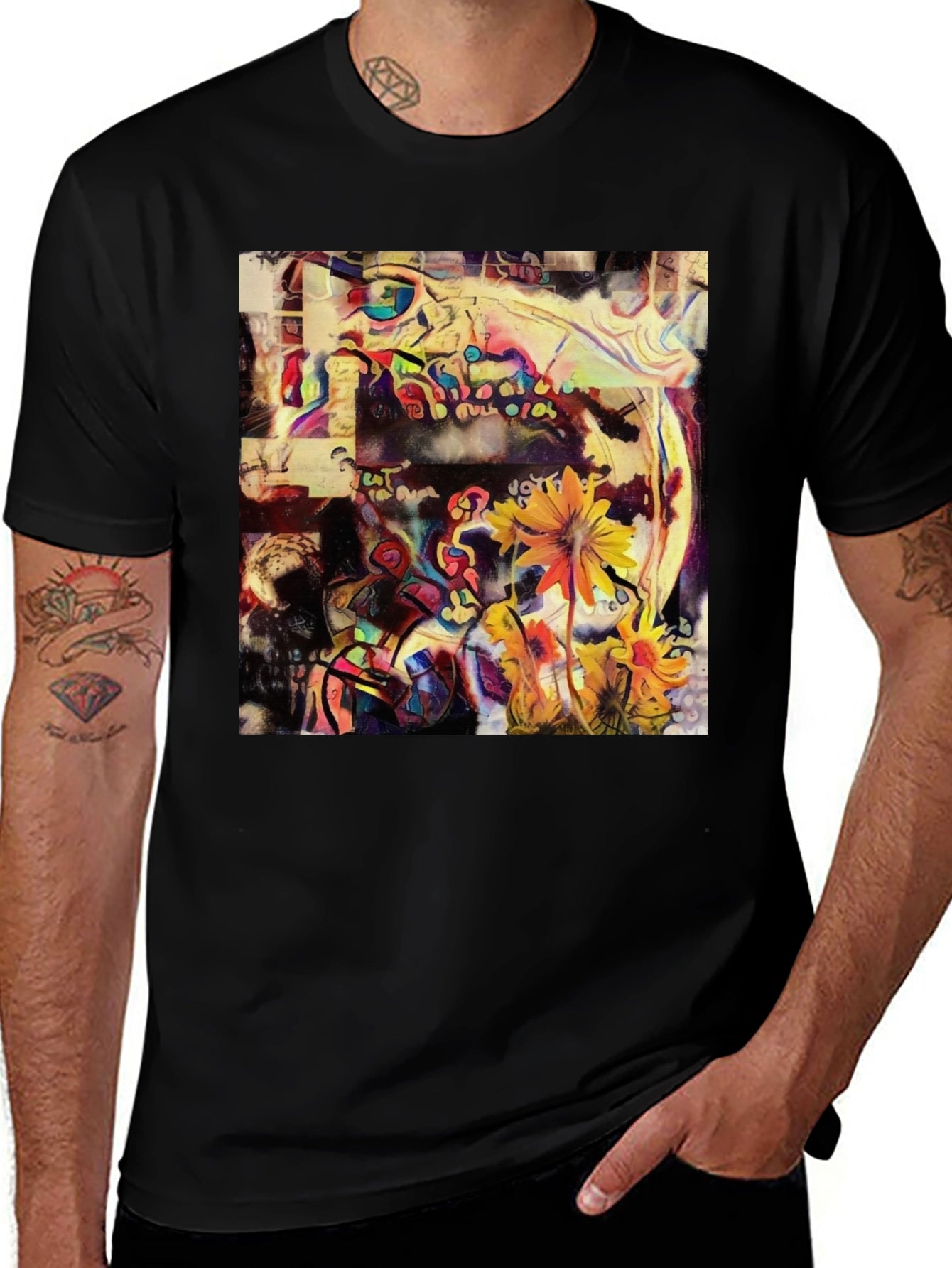 Abstract Floral Art Print Black T-Shirt