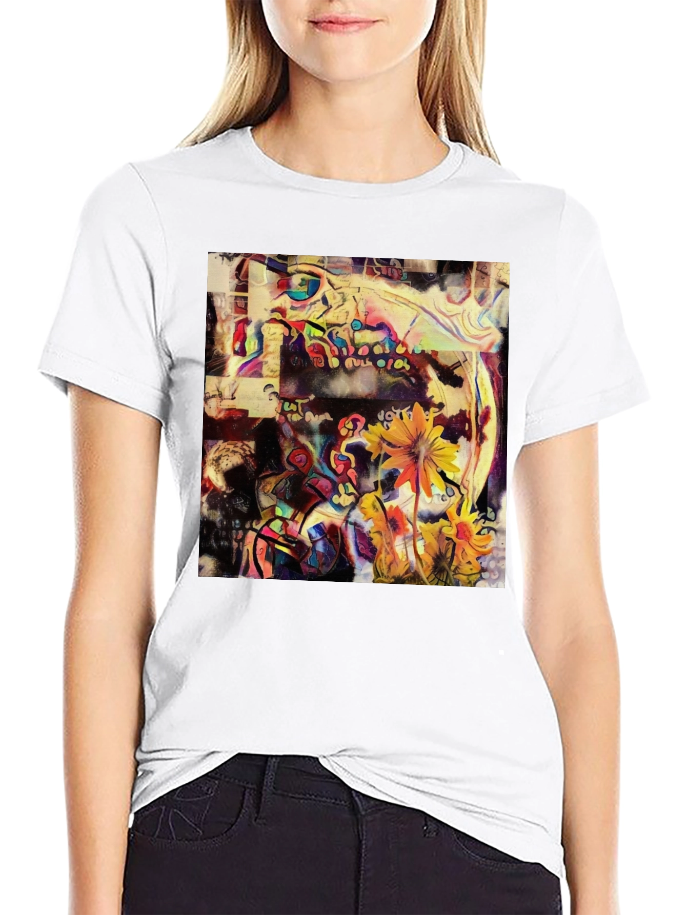 Abstract Floral Art Print Black T-Shirt