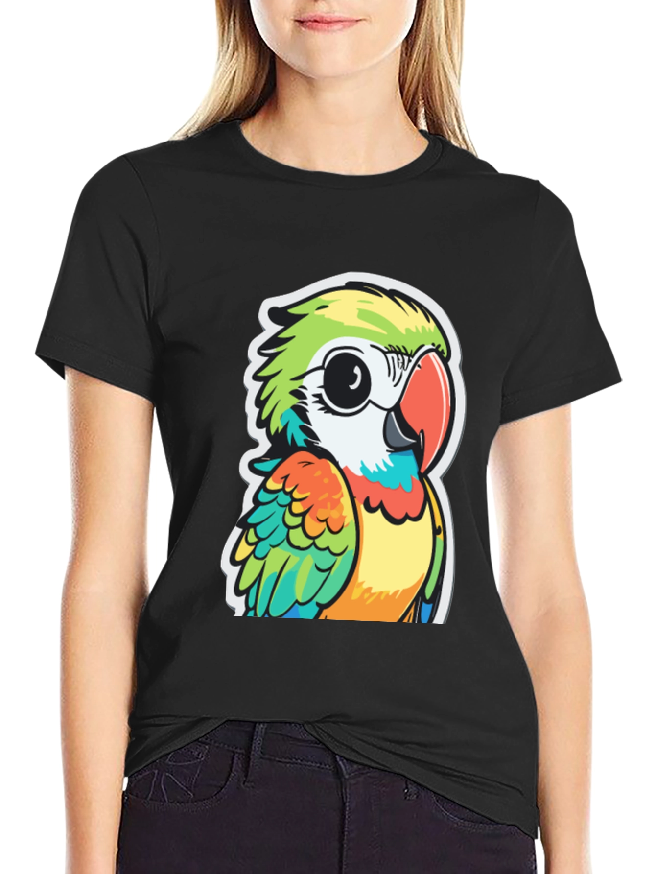 Cartoon Parrot Graphic Black T-Shirt