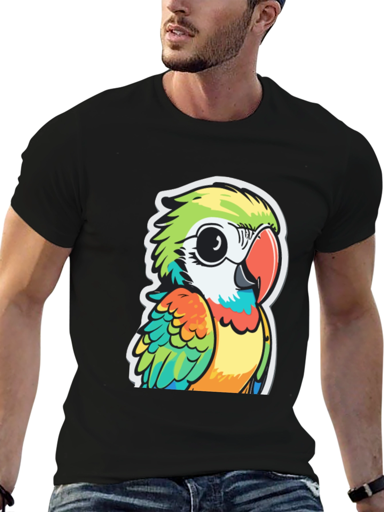 Cartoon Parrot Graphic Black T-Shirt