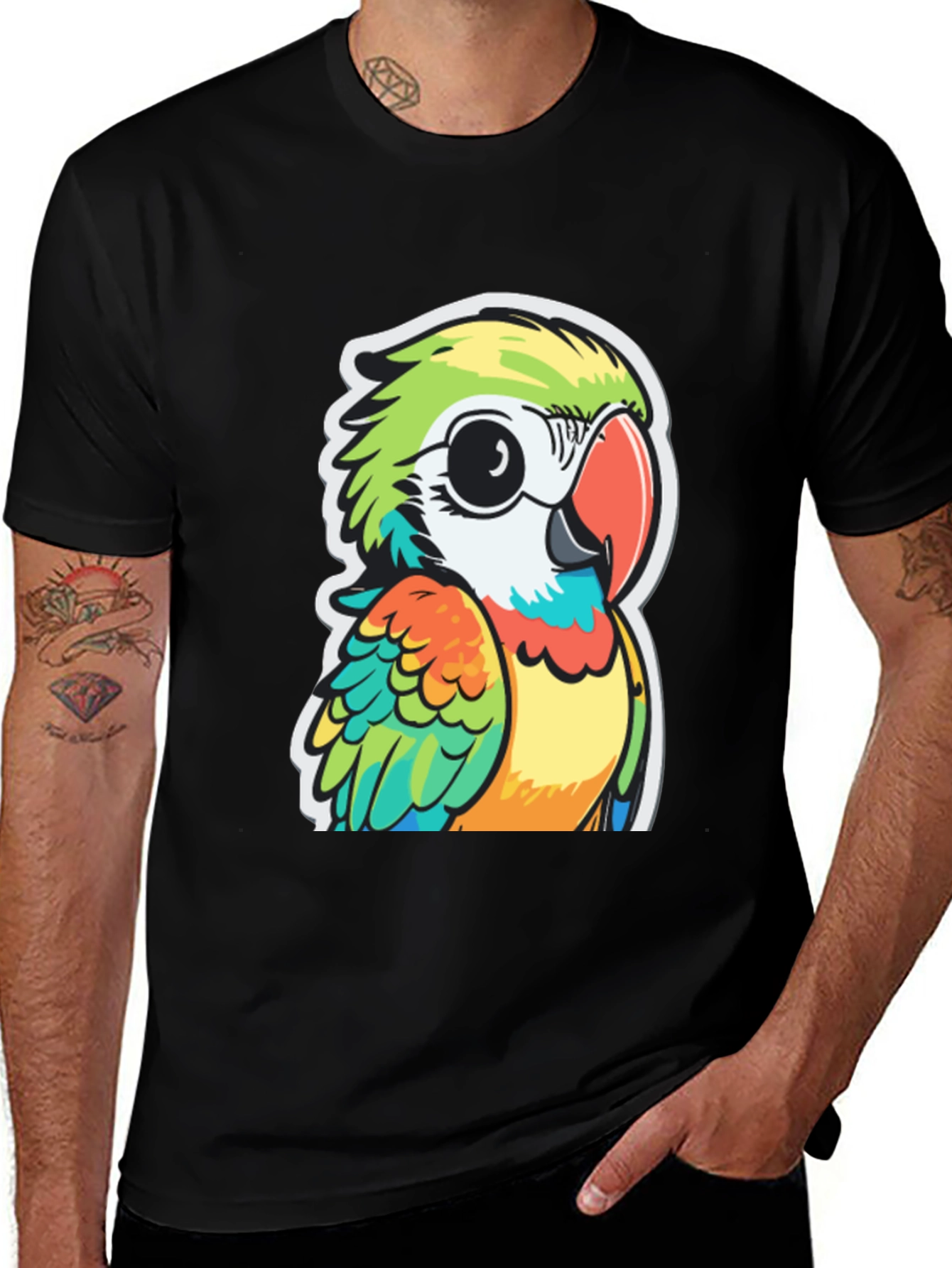 Cartoon Parrot Graphic Black T-Shirt