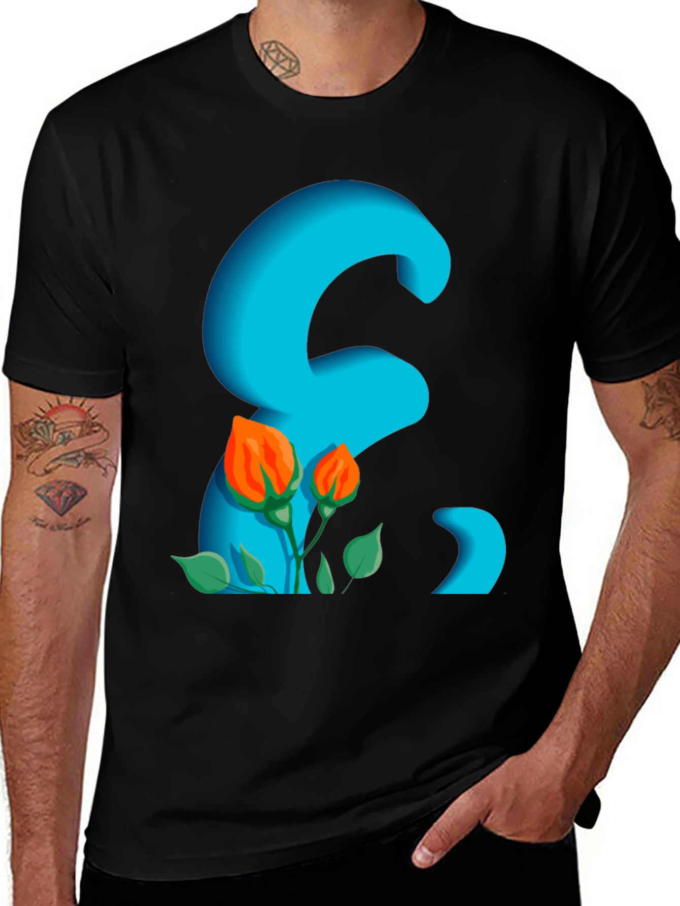 Floral Letter Graphic Black T-Shirt