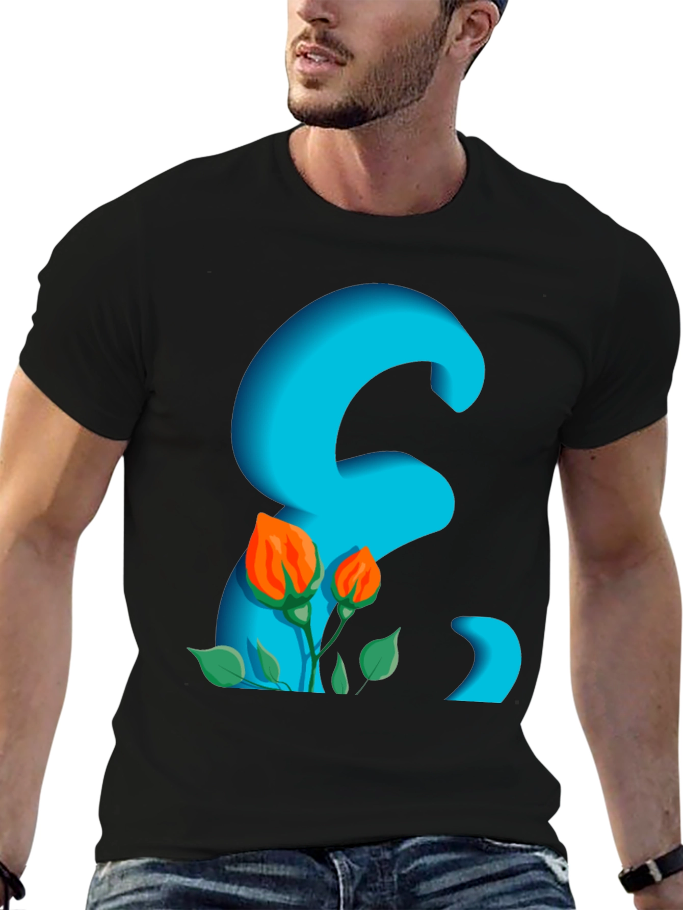 Floral Letter Graphic Black T-Shirt