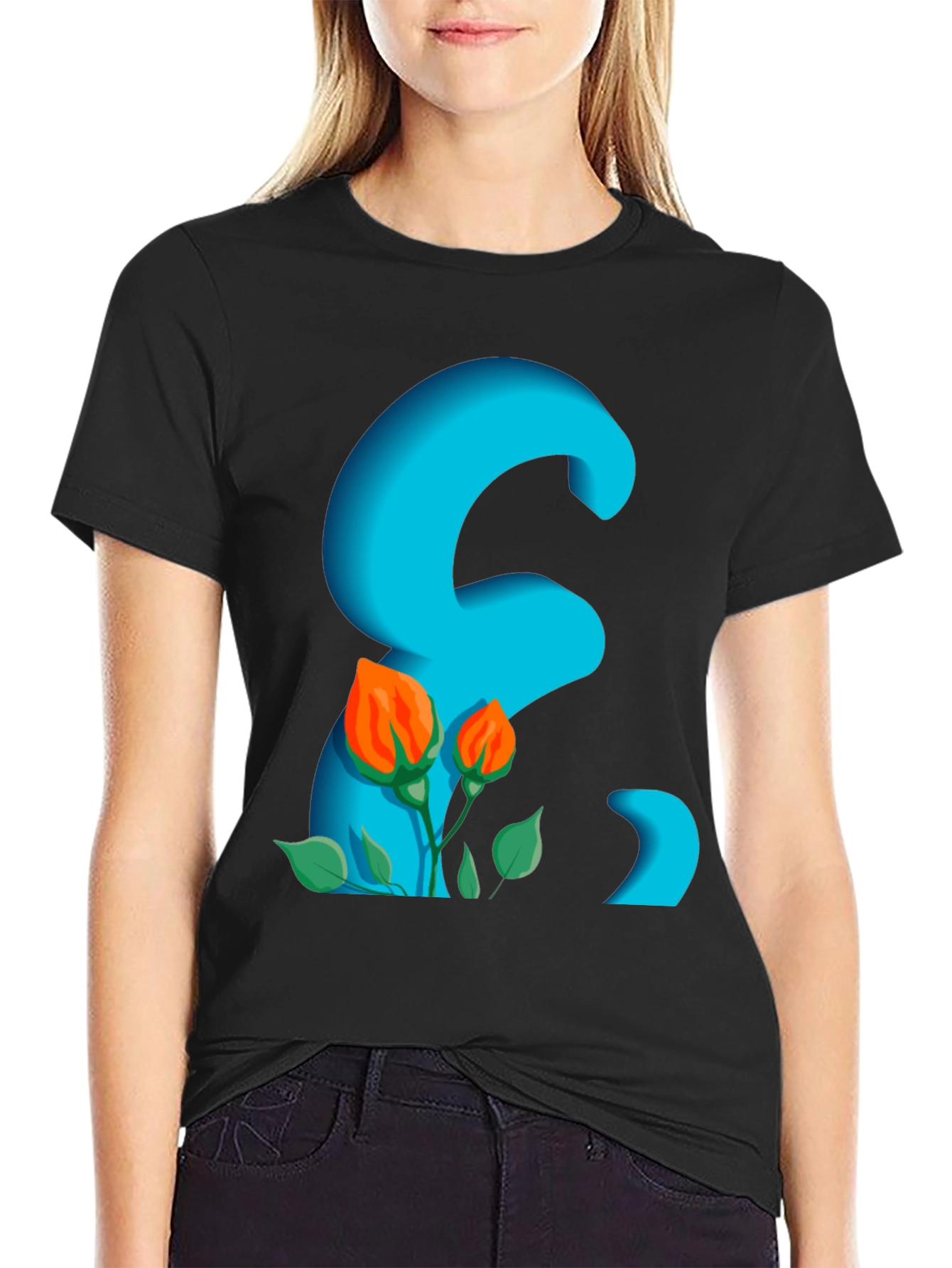 Floral Letter Graphic Black T-Shirt