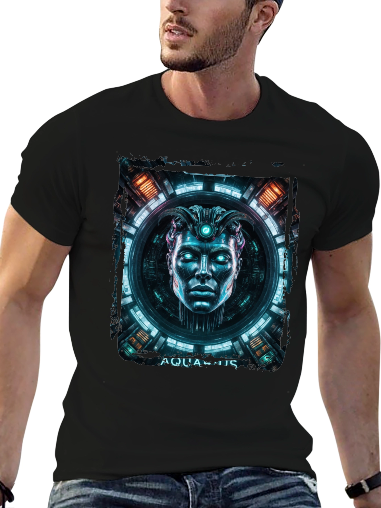 Futuristic Aquarius Graphic Tee - Black