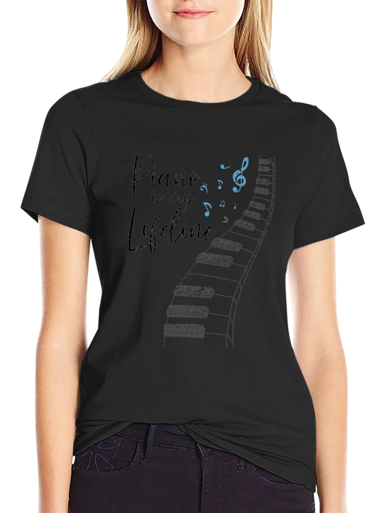 Piano is My Lifeline Black Graphic Tee