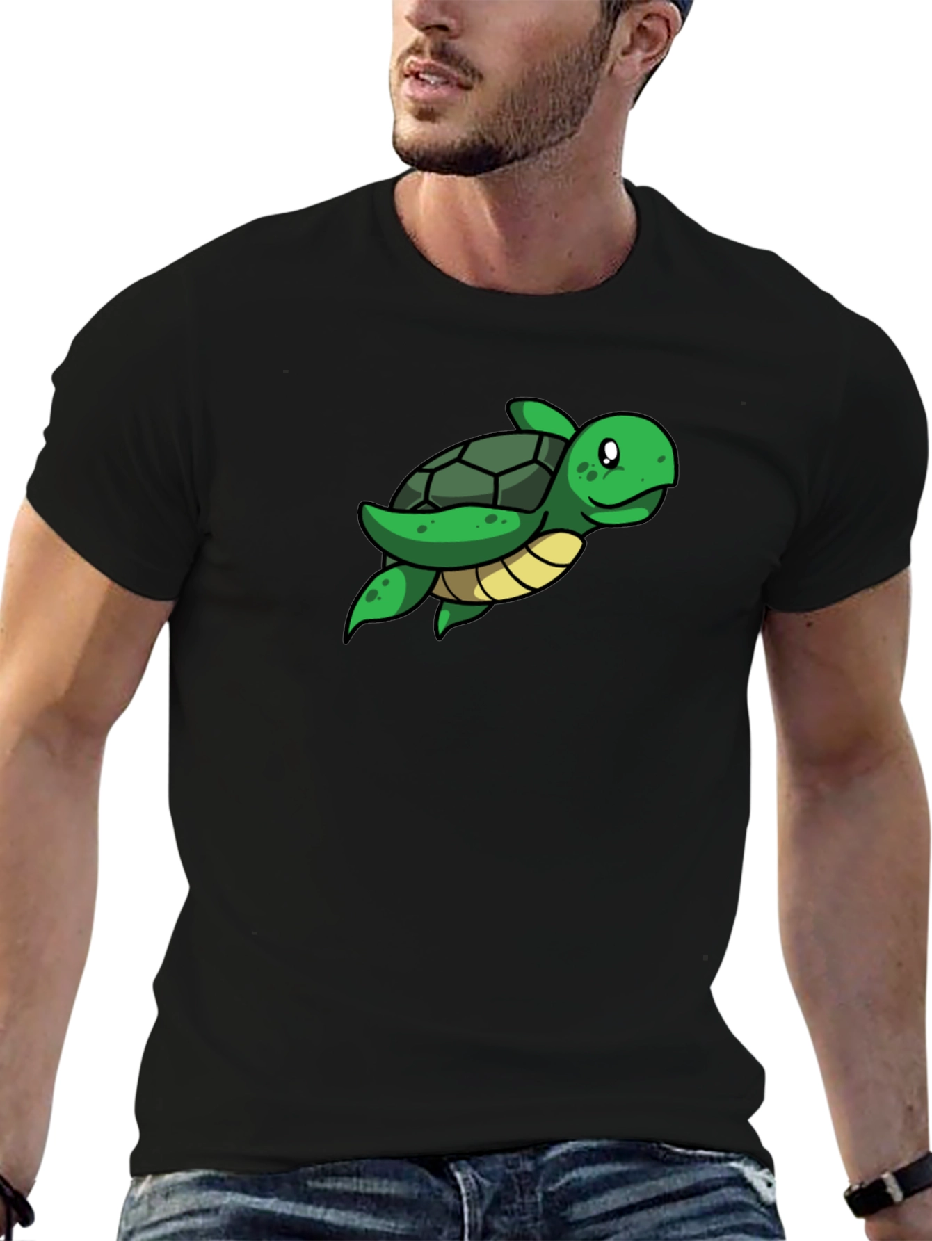 Cute Turtle Graphic Tee - Black Cotton T-Shirt