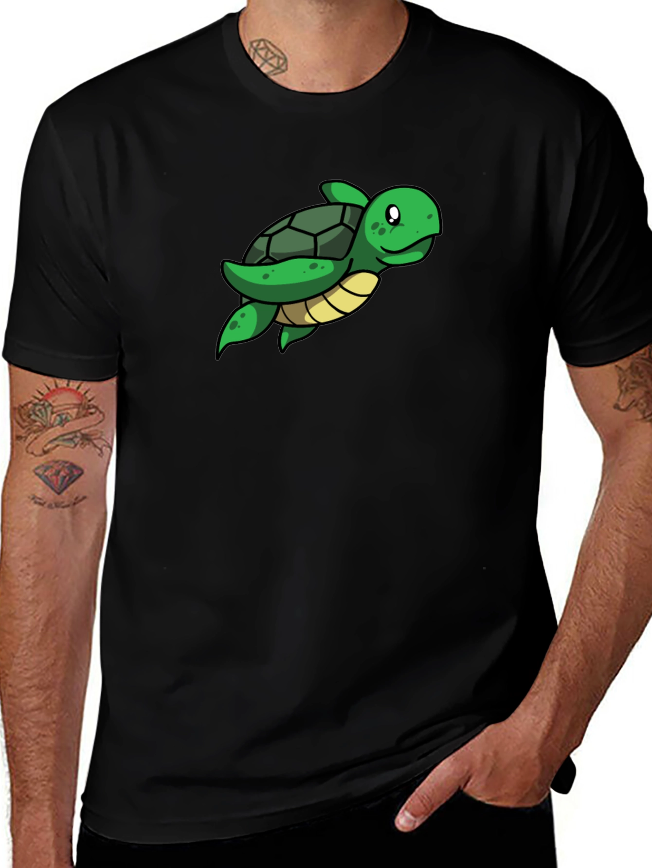 Cute Turtle Graphic Tee - Black Cotton T-Shirt