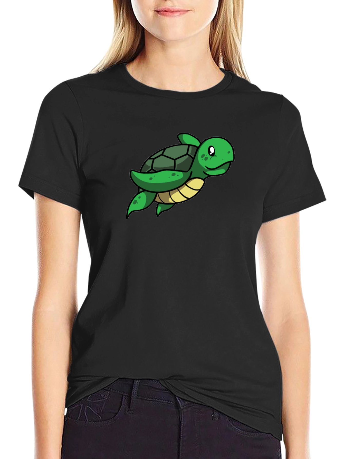 Cute Turtle Graphic Tee - Black Cotton T-Shirt