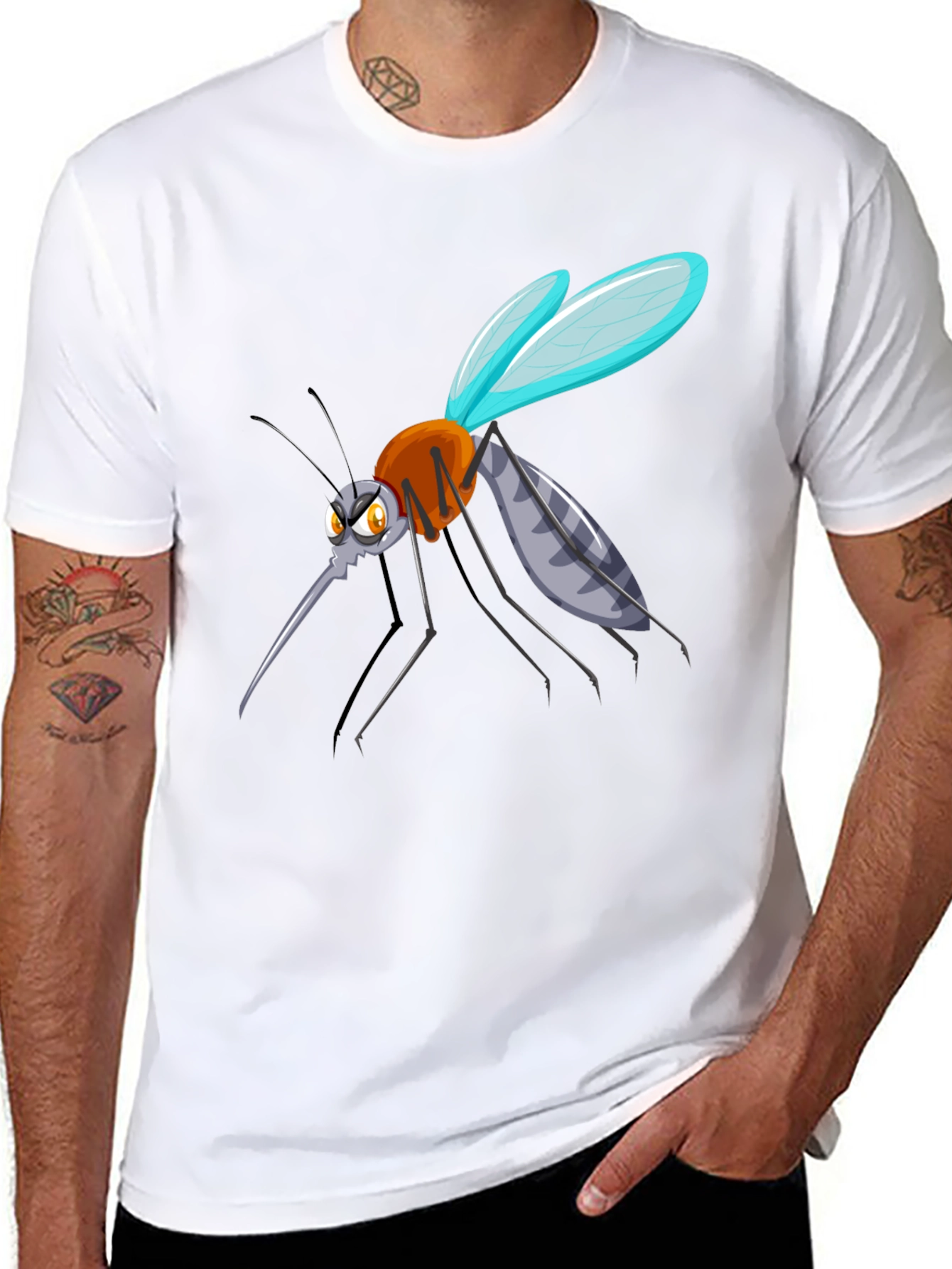 Cartoon Mosquito Graphic Tee - Black Cotton Blend