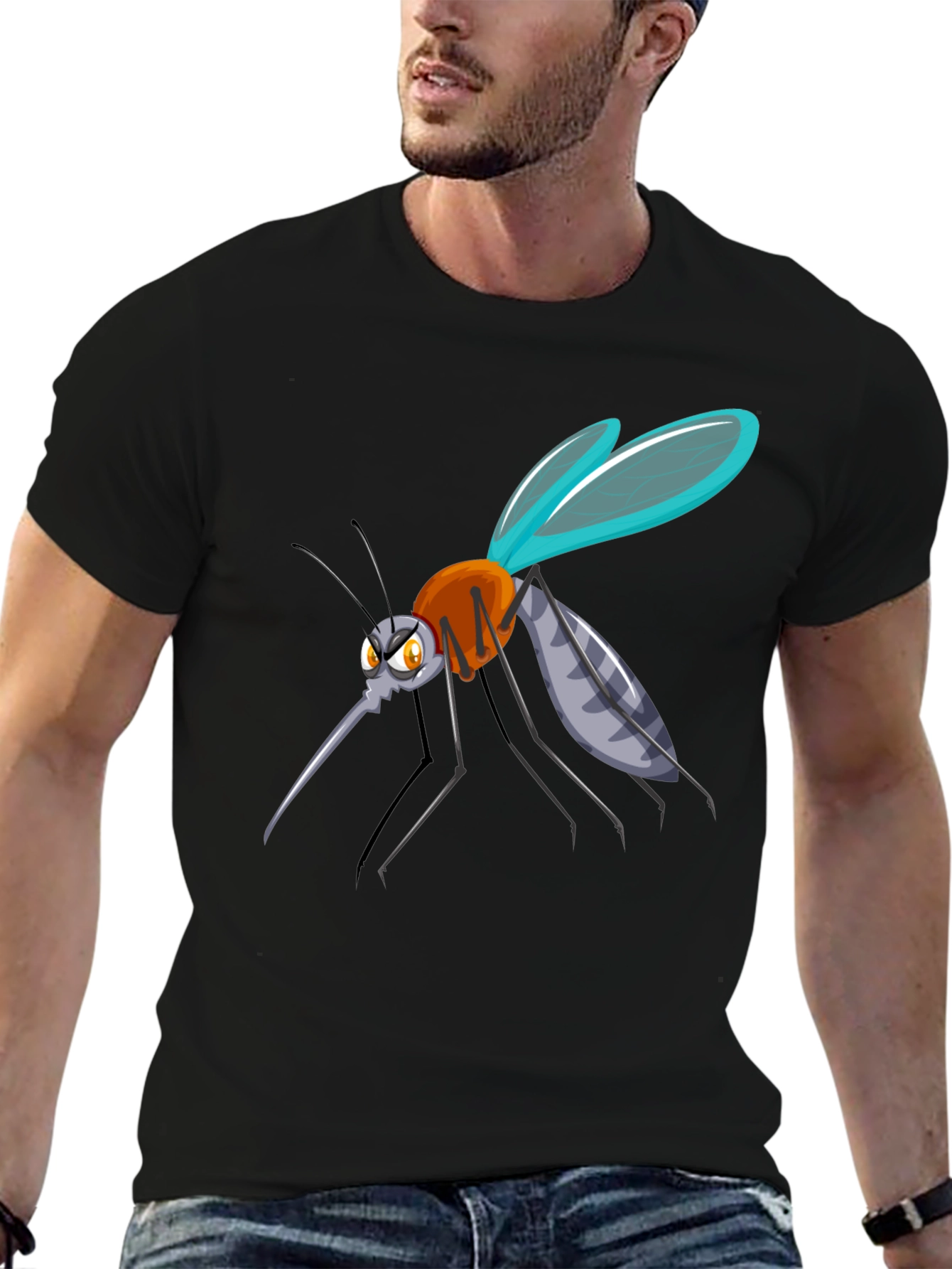 Cartoon Mosquito Graphic Tee - Black Cotton Blend