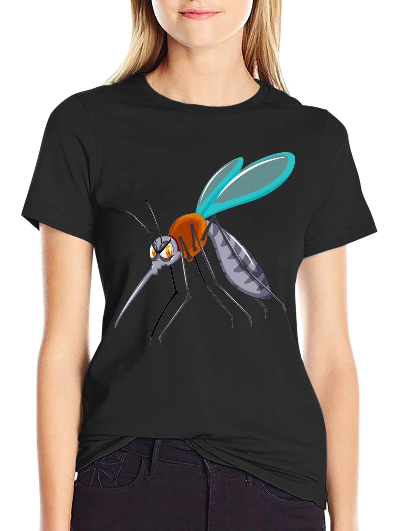 Cartoon Mosquito Graphic Tee - Black Cotton Blend
