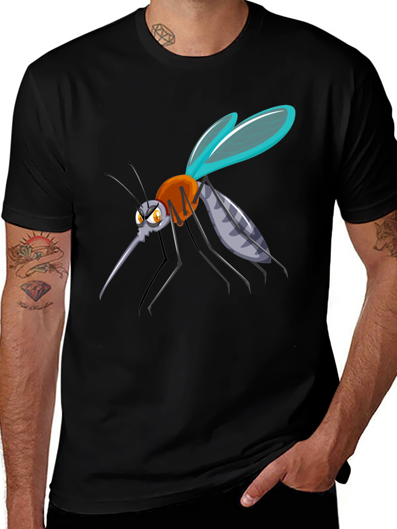 Cartoon Mosquito Graphic Tee - Black Cotton Blend