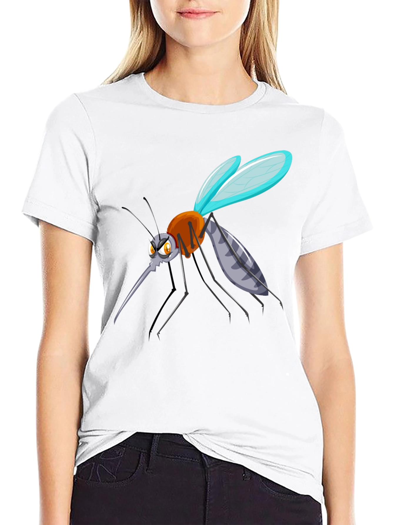 Cartoon Mosquito Graphic Tee - Black Cotton Blend