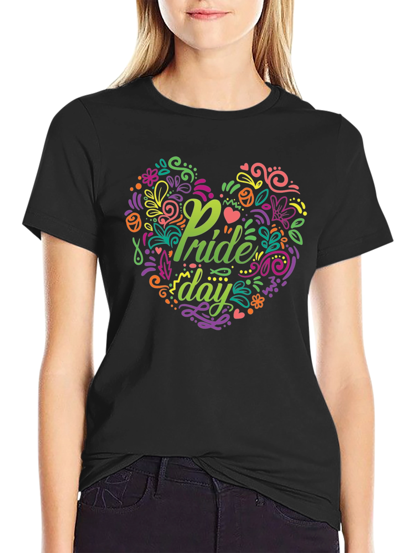 Pride Day Floral Heart Black T-Shirt