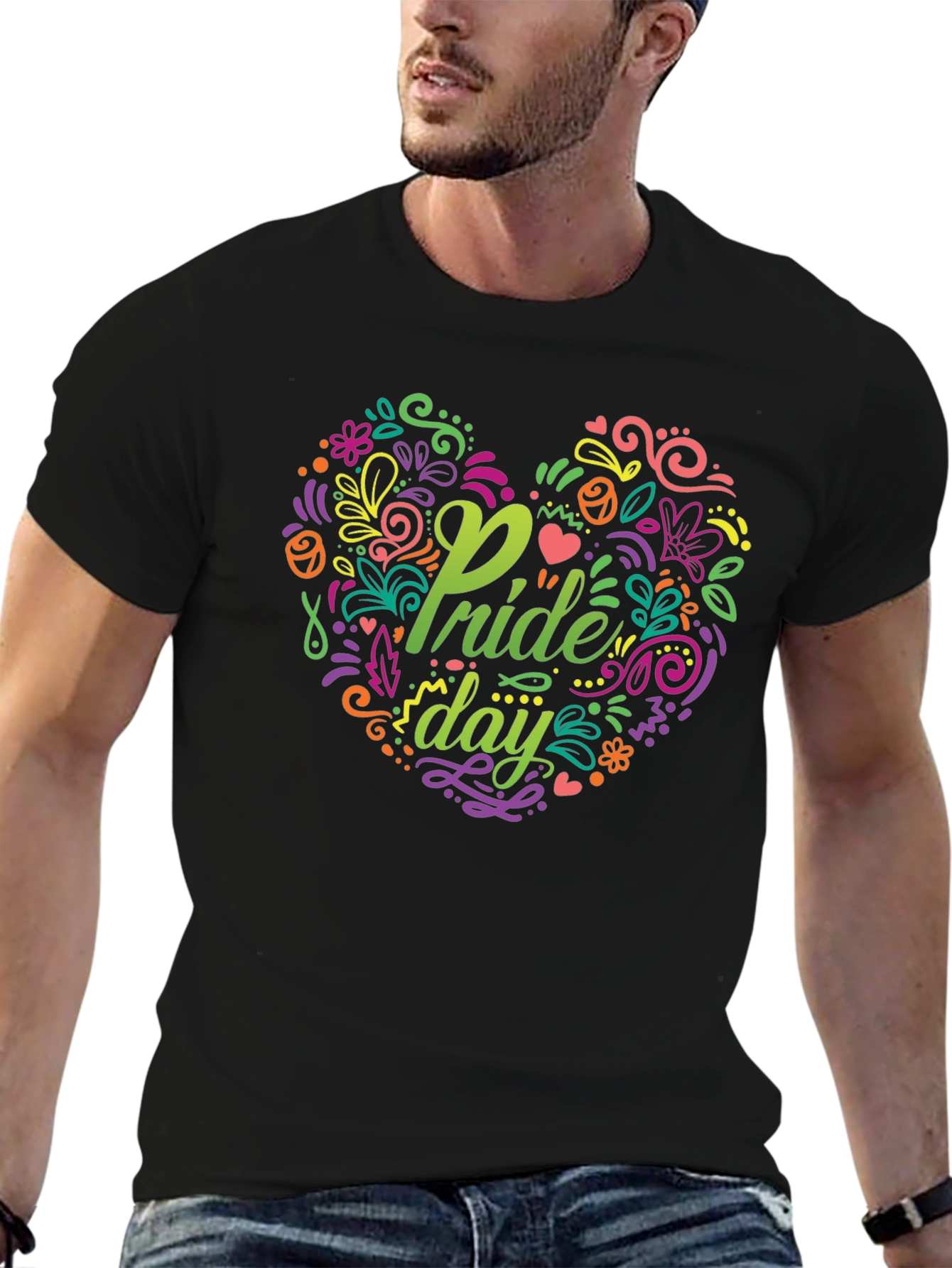 Pride Day Floral Heart Black T-Shirt