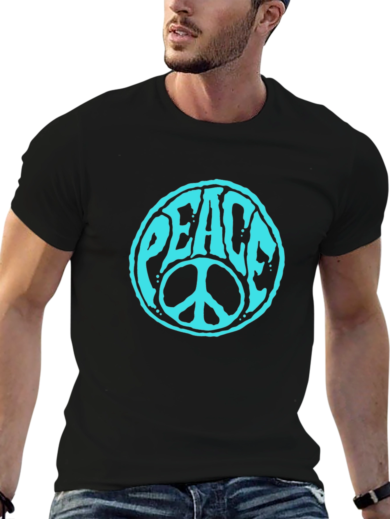 Peace Sign Graphic Tee - Black Cotton Casual T-Shirt
