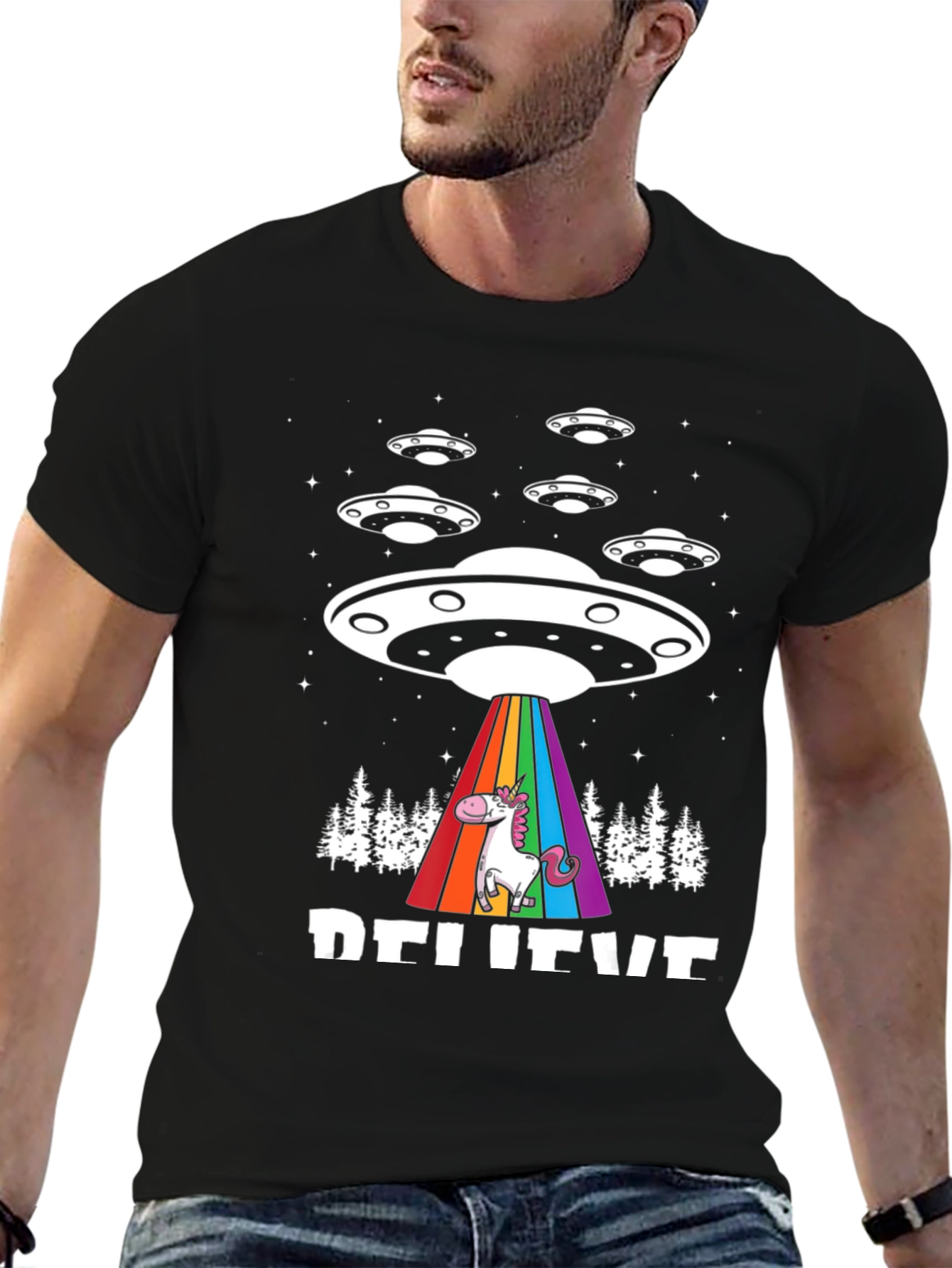 Believe UFO Unicorn Black T-Shirt