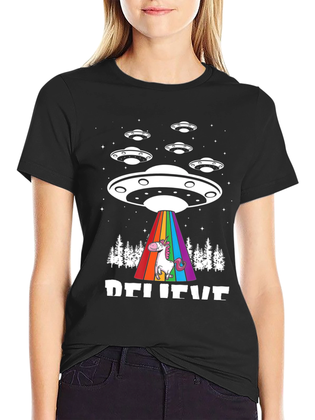 Believe UFO Unicorn Black T-Shirt