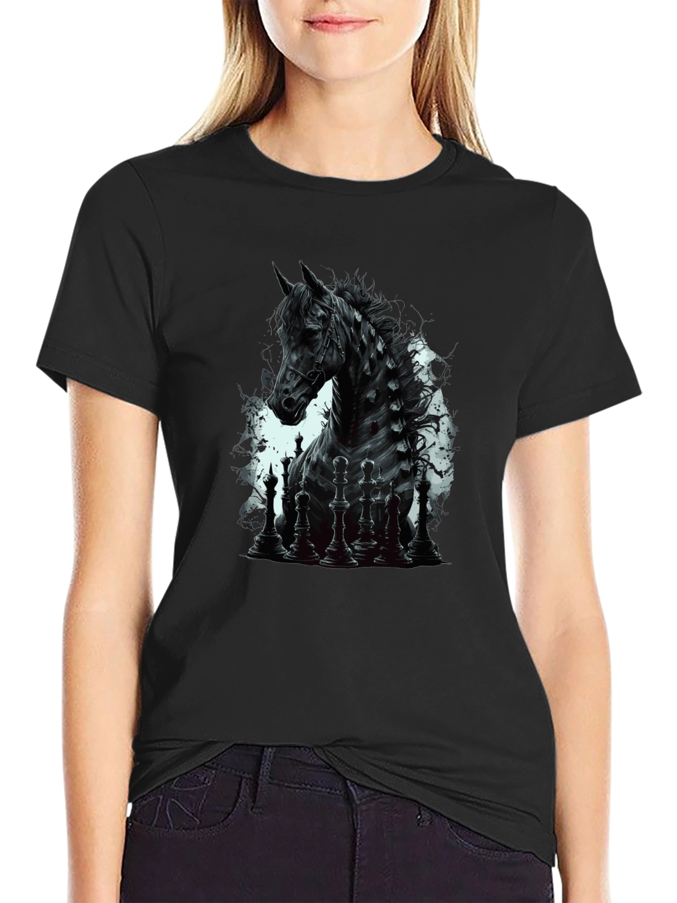 Chess Horse Graphic Tee - Stylish Black T-Shirt