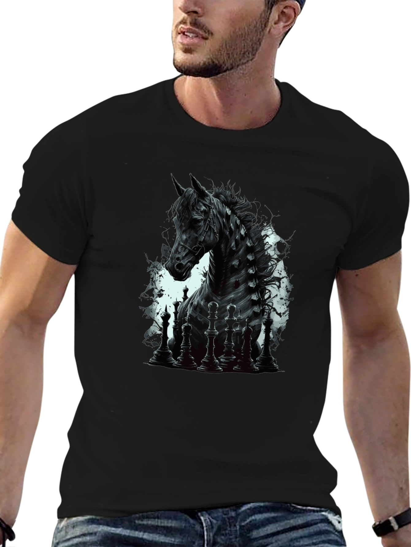 Chess Horse Graphic Tee - Stylish Black T-Shirt