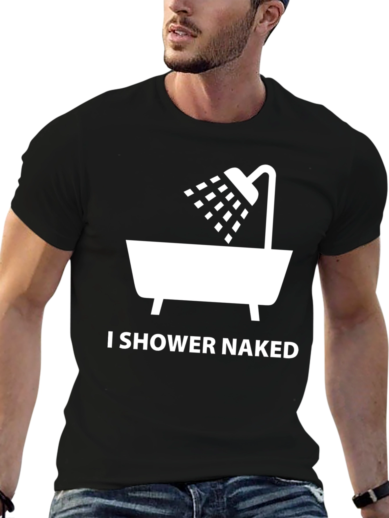 Humorous I Shower Naked Graphic Tee - Black