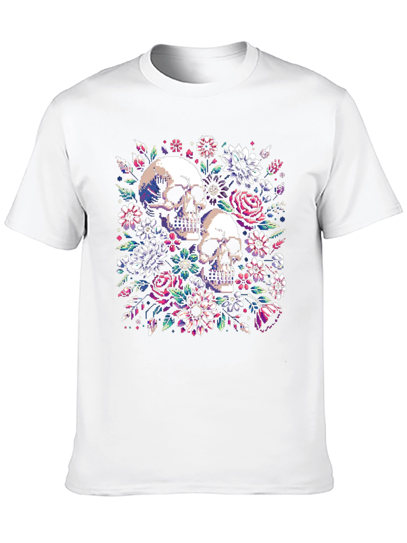 Floral Skull Pixel Art Black T-Shirt