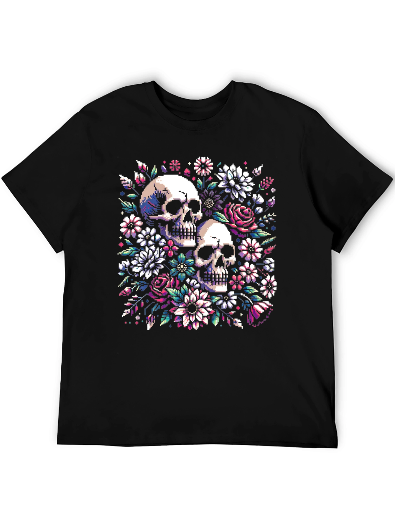 Floral Skull Pixel Art Black T-Shirt