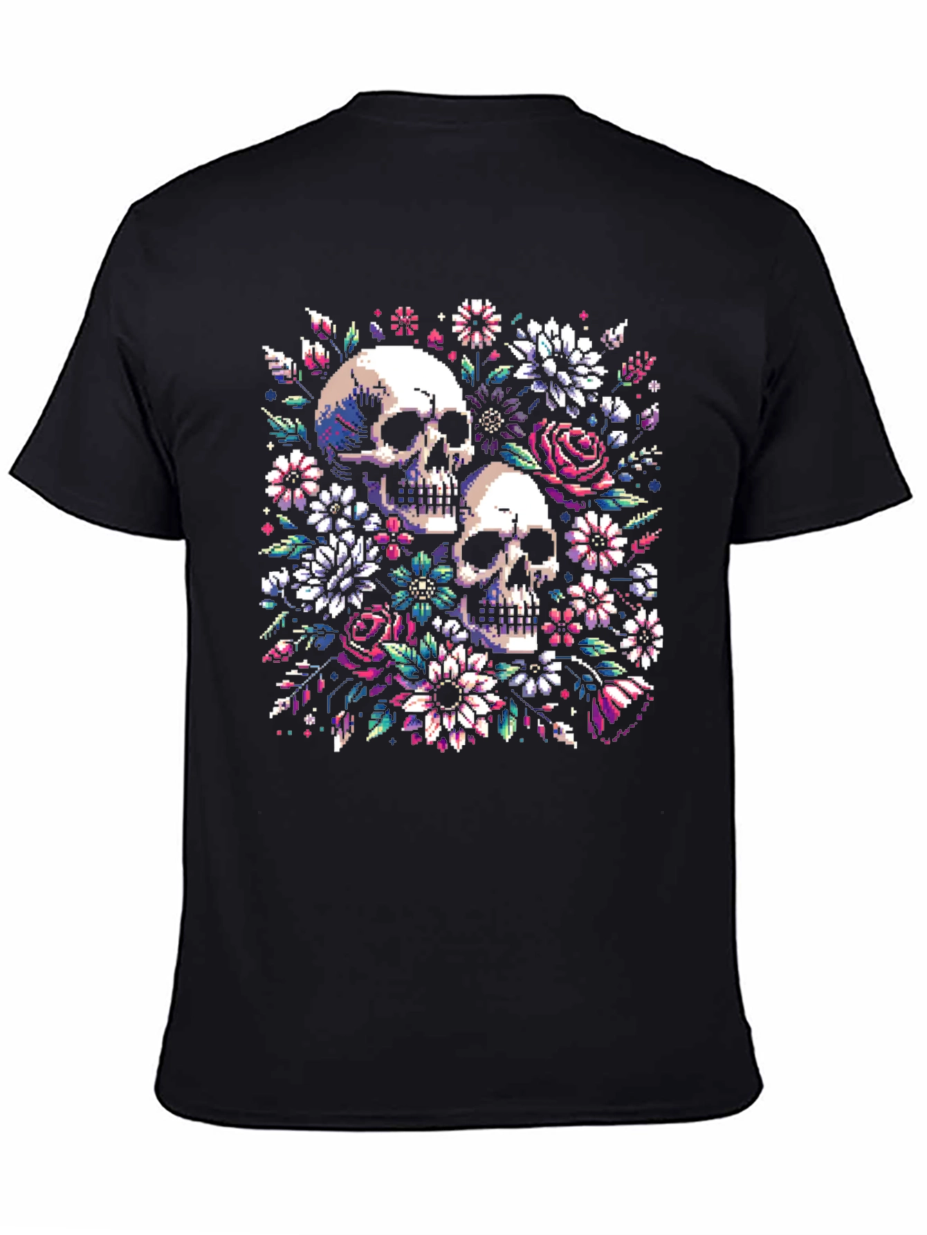 Floral Skull Pixel Art Black T-Shirt